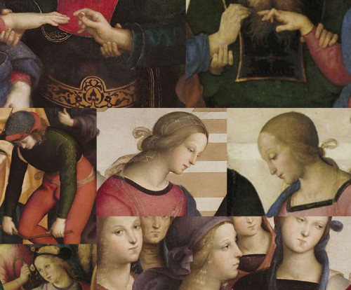 Dettagli degli Sposalizi della Vergine di Raffaello e Perugino.