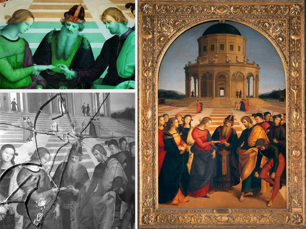 Above on the left, fig. 4, detail of the painting; note the sophisticated painting technique; below, fig. 5, photograph from 1958 showing the act of vandalism. On the right, fig. 6, photograph of the painting in its frame prior to restoration.