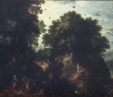 Paesaggio boscoso con Abramo e Isacco