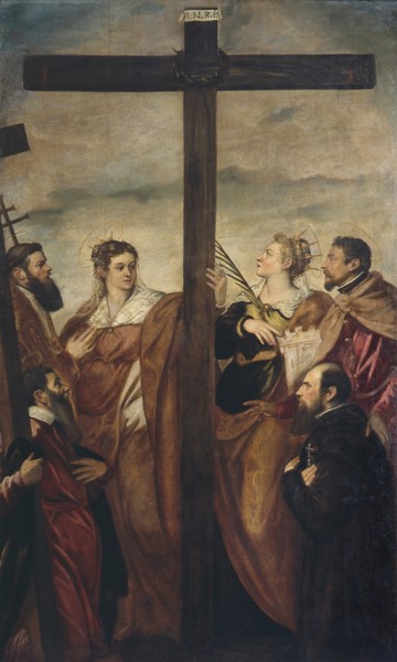 I Santi Elena, Barbara, Andrea, Macario, un altro Santo e un devoto adorano la croce