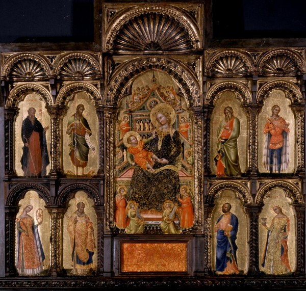 Madonna in trono con il Bambino e i santi Antonio Abate, Giovanni Battista, Andrea, Vittore, Caterina d’Alessandria, Nicola, Marco e Lucia
