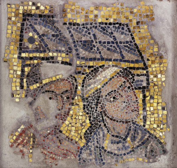 Mosaic With Two  Heads and a Building in the Background