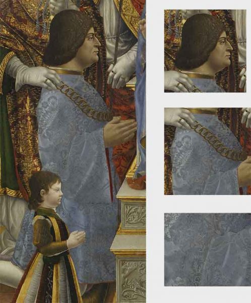 Dettagli di Ludovico il Moro nella Madonna in trono con il Bambino, Dottori della Chiesa e la famiglia di Ludovico il Moro (“Pala Sforzesca”), Maestro della Pala Sforzesca, 1494 - 1495 (Pinacoteca di Brera, Milano)