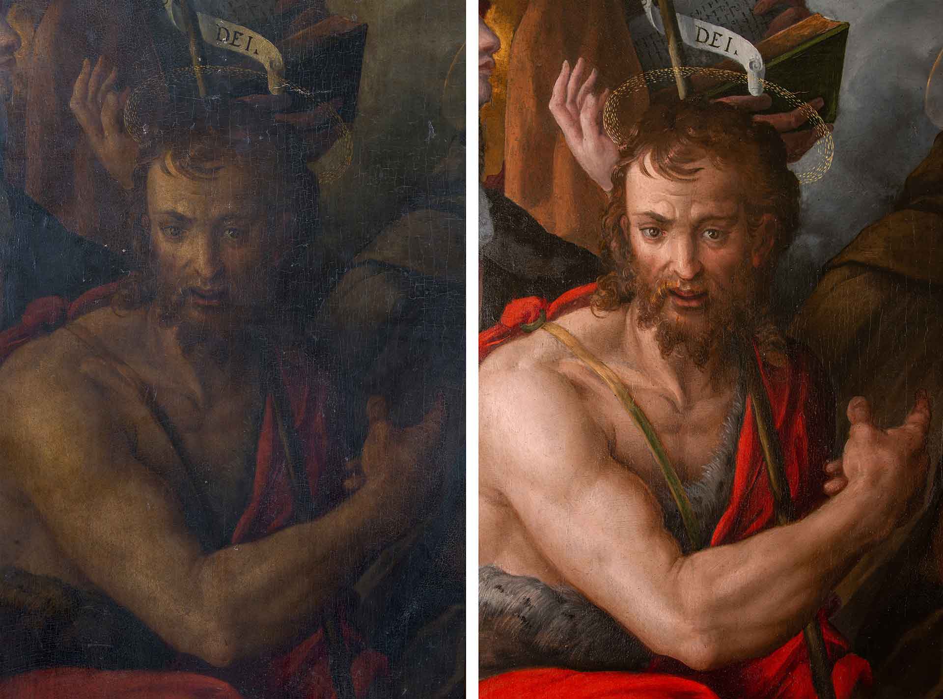 Un dettaglio del dipinto con la figura dei Giovanni Battista prima e dopo il restauro