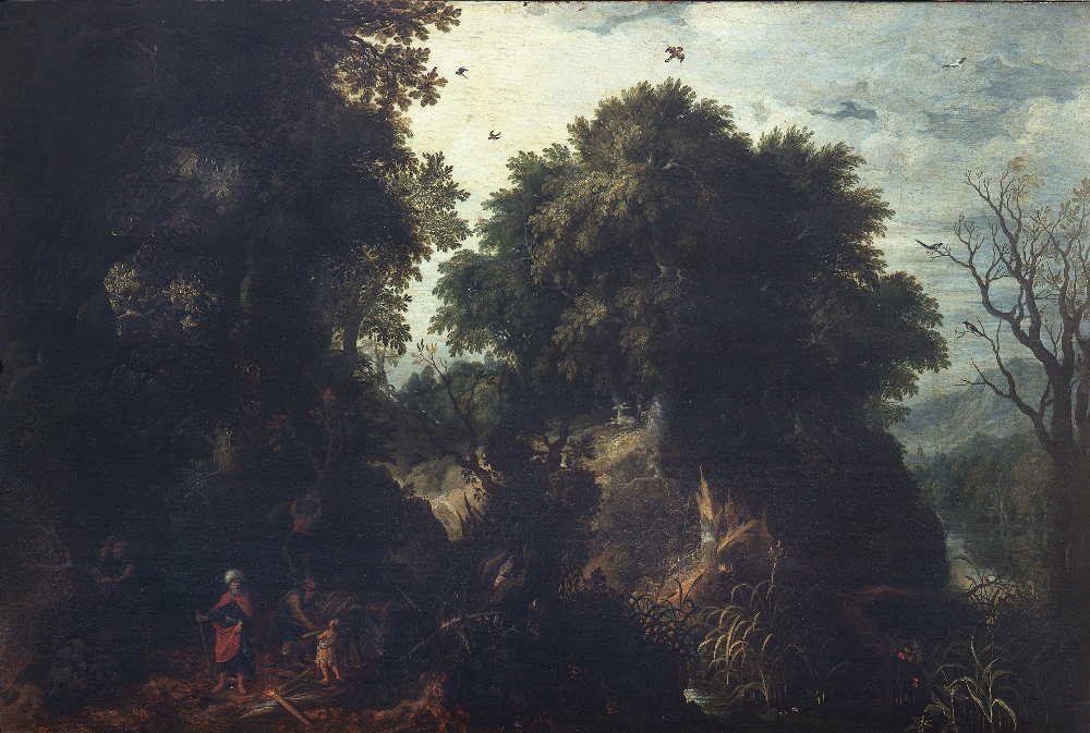 Paesaggio boscoso con Abramo e Isacco