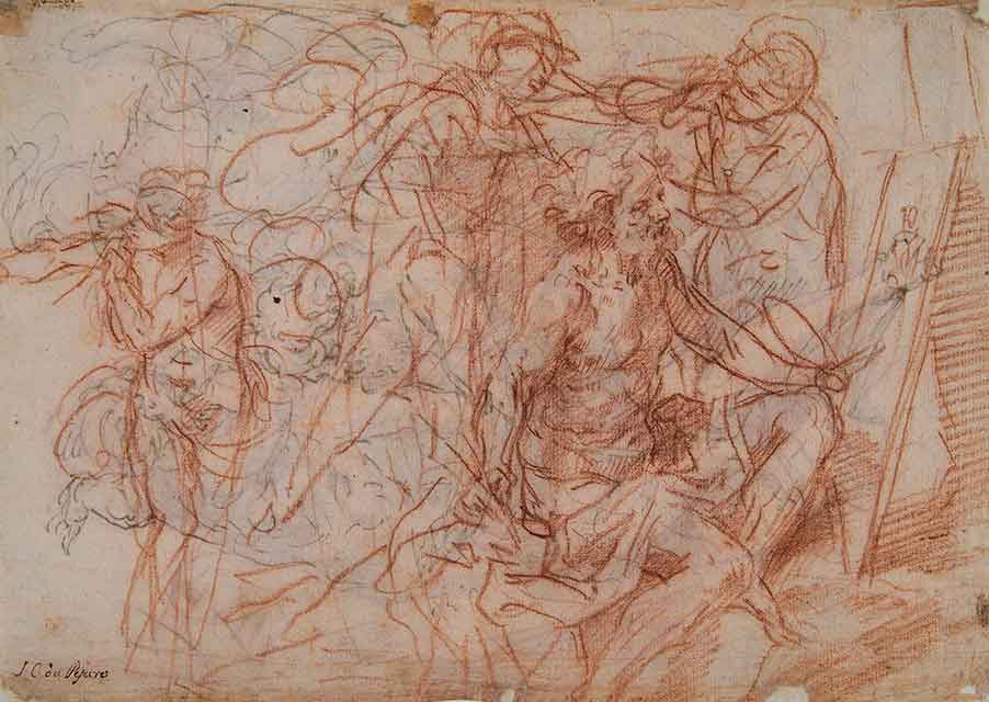 Studio per Giove che dipinge mentre Mercurio zittisce Marte (?) (r) e (v)